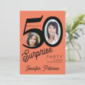 サプライズ50歳の誕生日 明るいオレンジ 黒の写真 招待状 (スタンド正面)