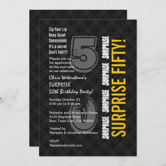 サプライズ50番目の誕生日の炭モダン炭金ゴールドW002 招待状 (正面/裏面)