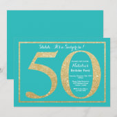 サプライズ50誕生日ティール(緑がかった色)と金ゴールドグリッター 招待状 (正面/裏面)