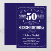 サプライズ50誕生日ネイビーブルーとホワイト 招待状 (正面/裏面)
