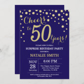 サプライズ50誕生日ネイビーブルーと金ゴールドダイヤモンド 招待状 (正面/裏面)