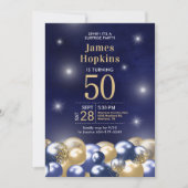 サプライズ50誕生日ネイビーブルー金ゴールドバルーン 招待状 (正面)