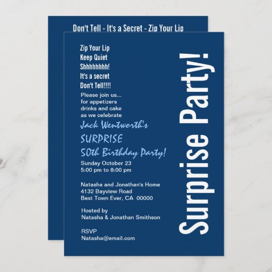 サプライズ50誕生日ネービモダンーブルーホワイト 招待状 (正面/裏面)