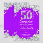 サプライズ50誕生日パープルとシルバーダイヤモンド 招待状 (正面/裏面)