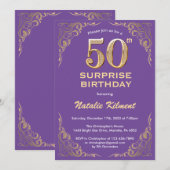 サプライズ50誕生日パープルと金ゴールドグリッター 招待状 (正面/裏面)