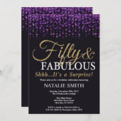 サプライズ50誕生日パープル&金ゴールドグリッター 招待状 (正面/裏面)