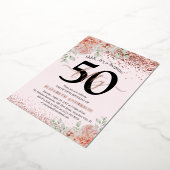 サプライズ50誕生日ピンクフローラバラ金ゴールド 箔招待状 (回転した状態)