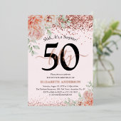 サプライズ50誕生日ピンクフローラバラ金ゴールド 箔招待状 (立ち正面)
