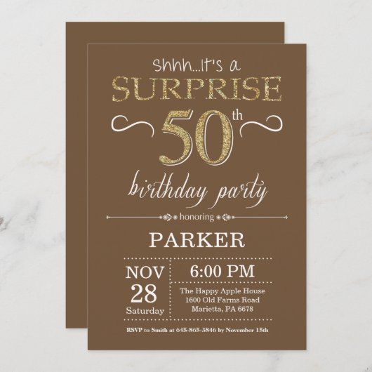 サプライズ50誕生日ブラウン&金ゴールドグリッター 招待状 (正面/裏面)