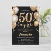 サプライズ50誕生日ブラックと金ゴールドバルーン 招待状 (スタンド正面)