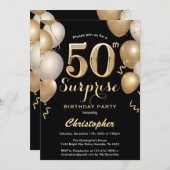 サプライズ50誕生日ブラックと金ゴールドバルーン 招待状 (正面/裏面)