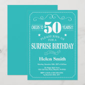 サプライズ50誕生日招待状ティール(緑がかった色)と白 招待状 (正面/裏面)