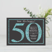 サプライズ50誕生日招待状ティール（緑がかった色）グリッター 招待状 (スタンド正面)