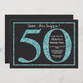 サプライズ50誕生日招待状ティール（緑がかった色）グリッター 招待状 (正面/裏面)