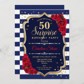 サプライズ50誕生日招待状ネイビーホワイトレッド 招待状 (正面/裏面)