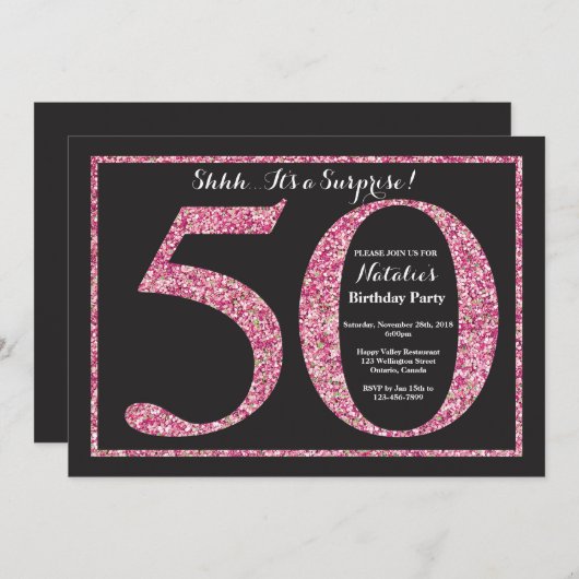 サプライズ50誕生日招待状ピンクグリッター 招待状 (正面/裏面)