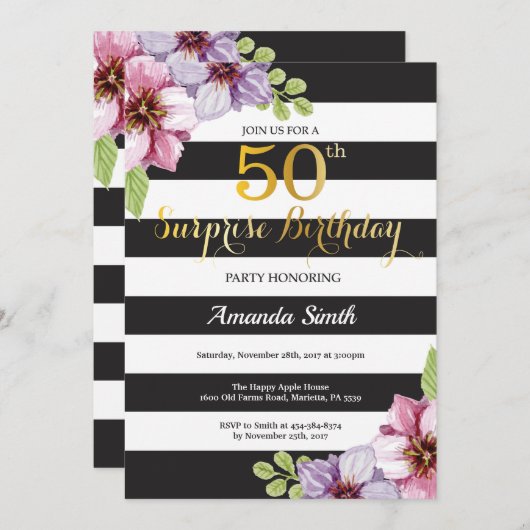 サプライズ50誕生日招待状女性フローラ 招待状 (正面/裏面)