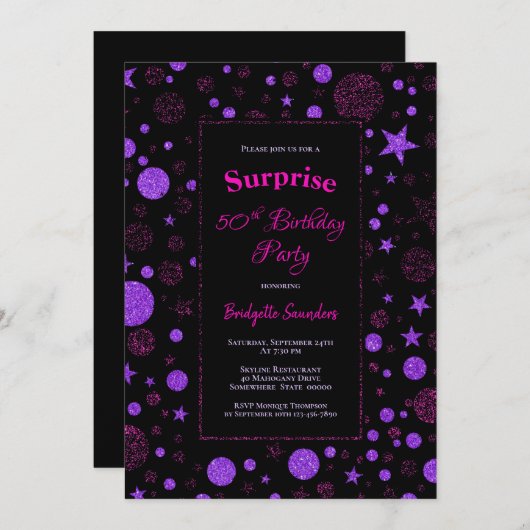 サプライズ50誕生日紫と黒のパーティー 招待状 (正面/裏面)
