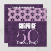 サプライズ50誕生日紫フローラテンプレートV1 招待状 (正面/裏面)