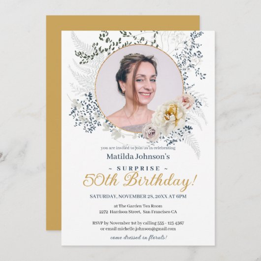 サプライズ50誕生日繊細なフローラバラ写真 招待状 (正面/裏面)