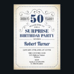 サプライズ50誕生日 – ネイビーブルーホワイトブラック 招待状<br><div class="desc">驚きの50th誕生日招待状レトロデザインネイビーブルーホワイトとヴィンテージクリーミーな背景。応援50年！任意のパーソナライズされた年に入ることができる。</div>