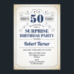 サプライズ50誕生日 – ネイビーブルーホワイトブラック 招待状<br><div class="desc">驚きの50th誕生日招待状レトロデザインネイビーブルーホワイトとヴィンテージクリーミーな背景。応援50年！任意のパーソナライズされた年に入ることができる。</div>