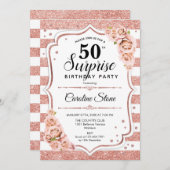 サプライズ50誕生日-バラ金ゴールドホワイトピンク 招待状 (正面/裏面)