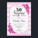 サプライズ50誕生日 – ピンクホワイト 招待状<br><div class="desc">サプライズ50th誕生日招待状。フェミニンデザインストライプ、赤面ピンクのバラ、スクリプトフォントと紙吹雪。エレガントな誕生日パーティーに最適。任意のパーソナライズされた年齢を示すことができる。メッセージもしの詳細なカスタマイズが必要。</div>