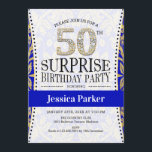 サプライズ50誕生日 – ホワイト金ゴールドブ王室のルー 招待状<br><div class="desc">50歳の誕生日パーティーの招待状。エレガントグリッターフェイク金ゴールドの白と青の王室のデザイン。</div>