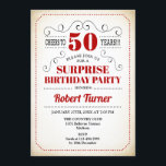 サプライズ50誕生日 – 赤白ブラック 招待状<br><div class="desc">驚きの50番目の誕生日招待状レトロデザイン赤い白黒とヴィンテージクリーミーな背景。応援50年！任意のパーソナライズされた年に入ることができる。</div>