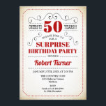 サプライズ50誕生日 – 赤白ブラック 招待状<br><div class="desc">驚きの50番目の誕生日招待状レトロデザイン赤い白黒とヴィンテージクリーミーな背景。応援50年！任意のパーソナライズされた年に入ることができる。</div>