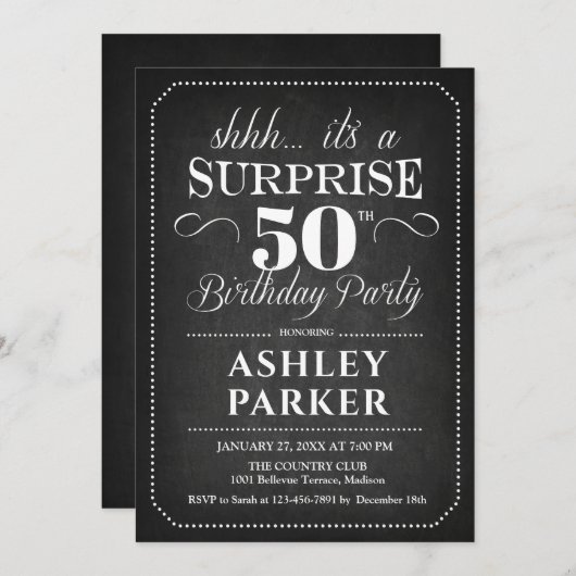 サプライズ50誕生日 – 黒板ホワイトブラック 招待状 (正面/裏面)