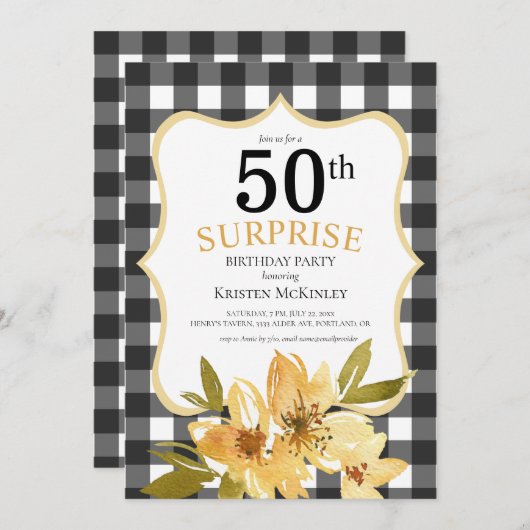 サプライズ50thバッファロープレイドイエローフローラ誕生日 招待状 (正面/裏面)
