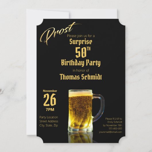 サプライズ50thバースデーパーティーエレガントブラック&金ゴールド 招待状 (正面)