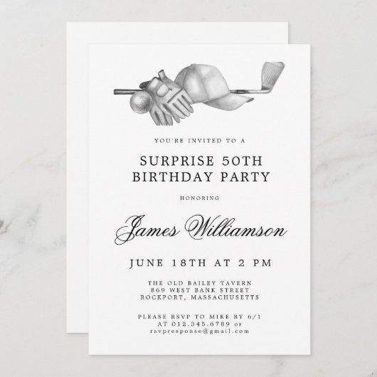 サプライズ50thバースデーパーティーゴルフテーマ 招待状 (正面/裏面)