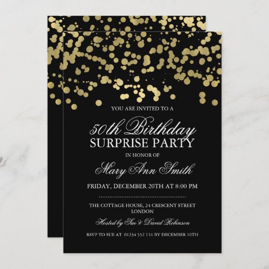 サプライズ50thバースデーパーティーゴールドフォイル紙吹雪 招待状 (正面/裏面)