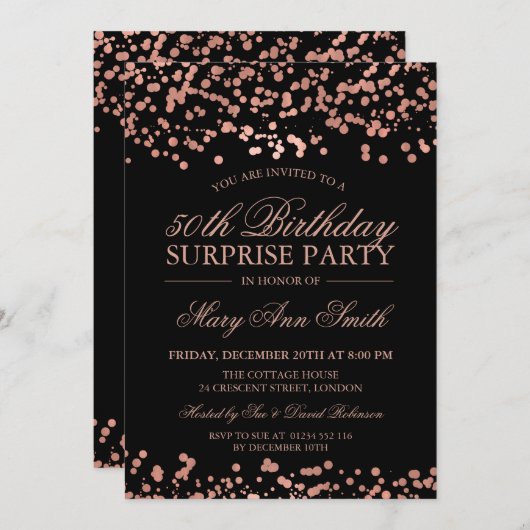 サプライズ50thバースデーパーティーバラゴールドフォイル 招待状 (正面/裏面)