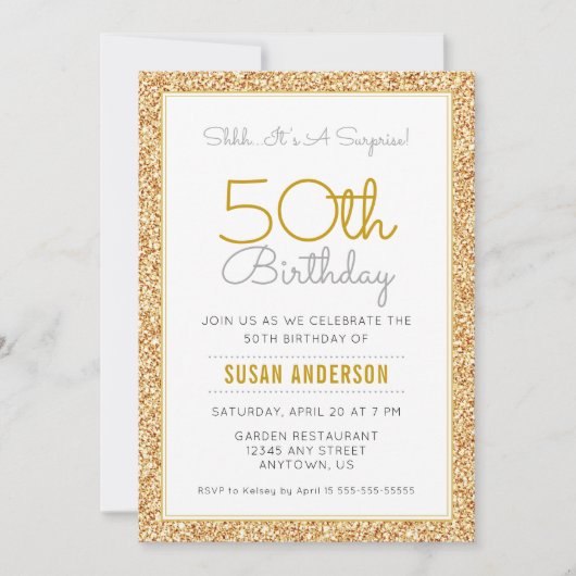 サプライズ50thバースデーパーティーフェイク金ゴールドグリッター 招待状 (正面)