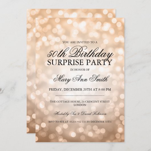 サプライズ50thバースデーパーティー銅グリッター灯 招待状 (正面/裏面)