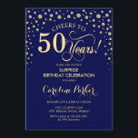 サプライズ50thバースデーパーティー – ネイビーブルー金ゴールド 招待状<br><div class="desc">50歳の誕生日パーティーの招待状。ネイビーエレガントブルーとグリッター金ゴールドのフェイクデザイン。スクリプトフォントとダイヤモンド紙吹雪の機能。応援50年！メッセージもしの詳細なカスタマイズが必要。</div>