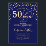 サプライズ50thバースデーパーティー – ネイビーブルー金ゴールド 招待状<br><div class="desc">50歳の誕生日パーティーの招待状。ネイビーエレガントブルーとグリッター金ゴールドのフェイクデザイン。スクリプトフォントとダイヤモンド紙吹雪の機能。応援50年！メッセージもしの詳細なカスタマイズが必要。</div>