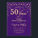 サプライズ50thバースデーパーティー – パープル金ゴールド 招待状<br><div class="desc">50歳の誕生日パーティーの招待状。紫エレガントと王室のグリッターのフェイク金ゴールドのデザイン。スクリプトフォントとダイヤモンド紙吹雪の機能。応援50年！メッセージもしの詳細なカスタマイズが必要。</div>