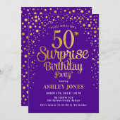 サプライズ50thバースデーパーティー – パープル&金ゴールド 招待状 (正面/裏面)