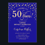 サプライズ50thバースデーパーティー – ブルー王室の金ゴールド 招待状<br><div class="desc">50歳の誕生日パーティーの招待状。エレガントサファイアブルーと王室のグリッター金ゴールドの中のフェイクデザイン。スクリプトフォントとダイヤモンド紙吹雪の機能。応援50年！メッセージもしの詳細なカスタマイズが必要。</div>