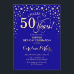 サプライズ50thバースデーパーティー – ブルー王室の金ゴールド 招待状<br><div class="desc">50歳の誕生日パーティーの招待状。エレガントサファイアブルーと王室のグリッター金ゴールドの中のフェイクデザイン。スクリプトフォントとダイヤモンド紙吹雪の機能。応援50年！メッセージもしの詳細なカスタマイズが必要。</div>