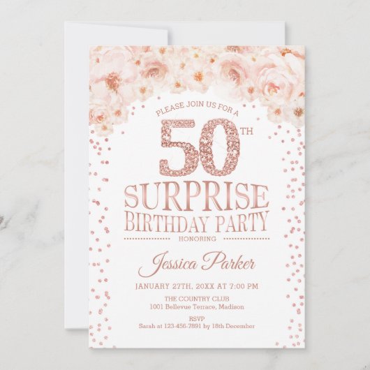 サプライズ50thバースデーパーティー – ホワイトローズ金ゴールド 招待状 (正面)