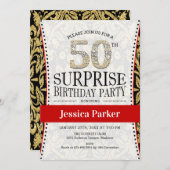 サプライズ50thバースデーパーティー – ホワイト金ゴールドレッド 招待状 (正面/裏面)