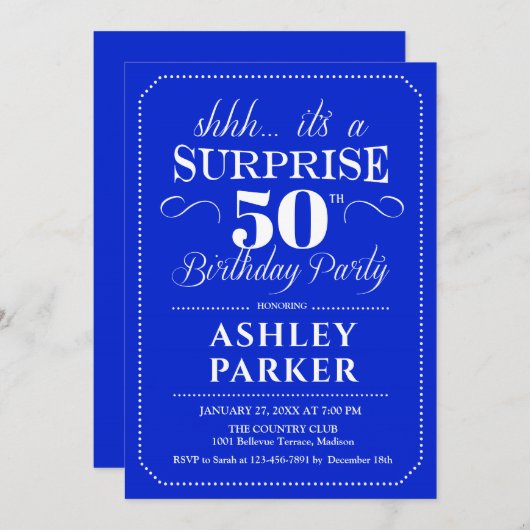 サプライズ50thバースデーパーティー – 王室のブルーホワイト 招待状 (正面/裏面)