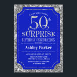 サプライズ50thバースデーパーティー – Silver 王室の Blue 招待状<br><div class="desc">サプライズ50th誕生祝い招待状。青エレガントとグリッターの銀のパタ王室のーンの上品なフェイクデザイン。機能スクエレガントリプトフォントメッセージもしの詳細なカスタマイズが必要。</div>