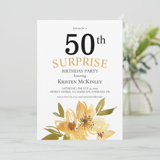 サプライズ50thブラックイエローフローラ誕生日 招待状 (スタンド正面)